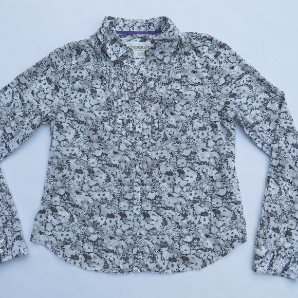 Aeropostale Shirt Women Button down shirt Floral Large NEW 100% Cotton Gray - Picture 2 of 11